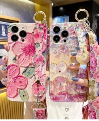 New Oil Painting Flower Wristband iPhone Case with Messenger Rope