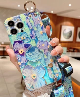 Purple Oil Painting Flower Wristband Holder with Lanyard iPhone Case