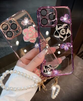 Luxury Camellia Transparent iPhone case with Lens Film