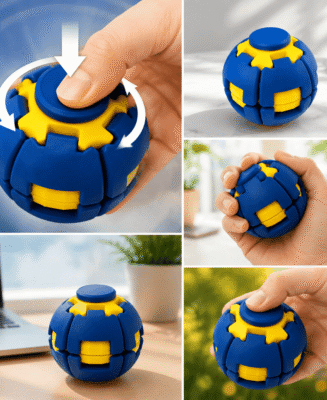3D-printed stress ball; press and rotate the stress ball; finger spinner.